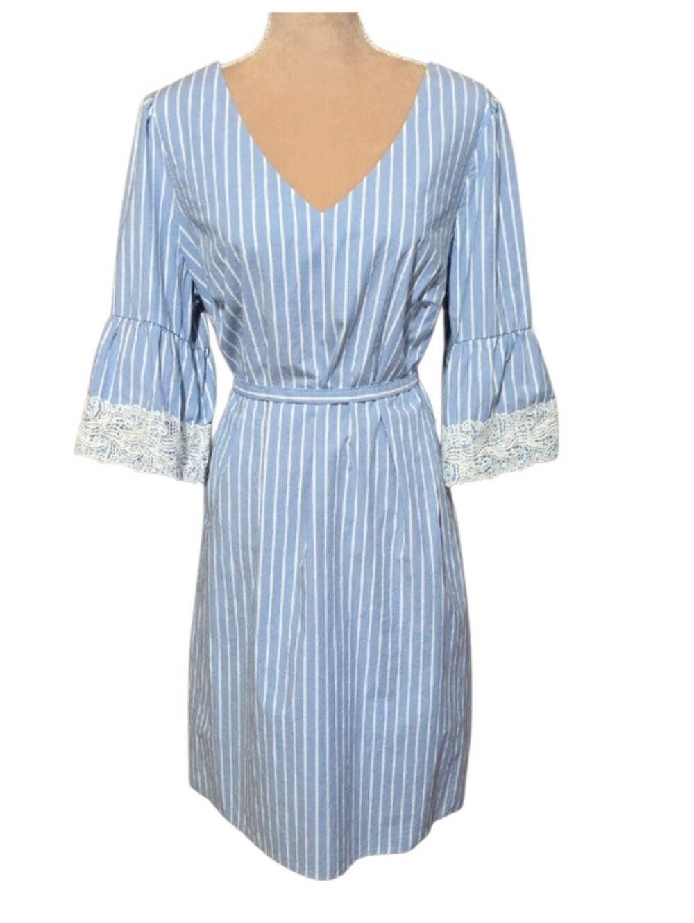 Westport Blue and White Striped Lace-Trim Midi Dress